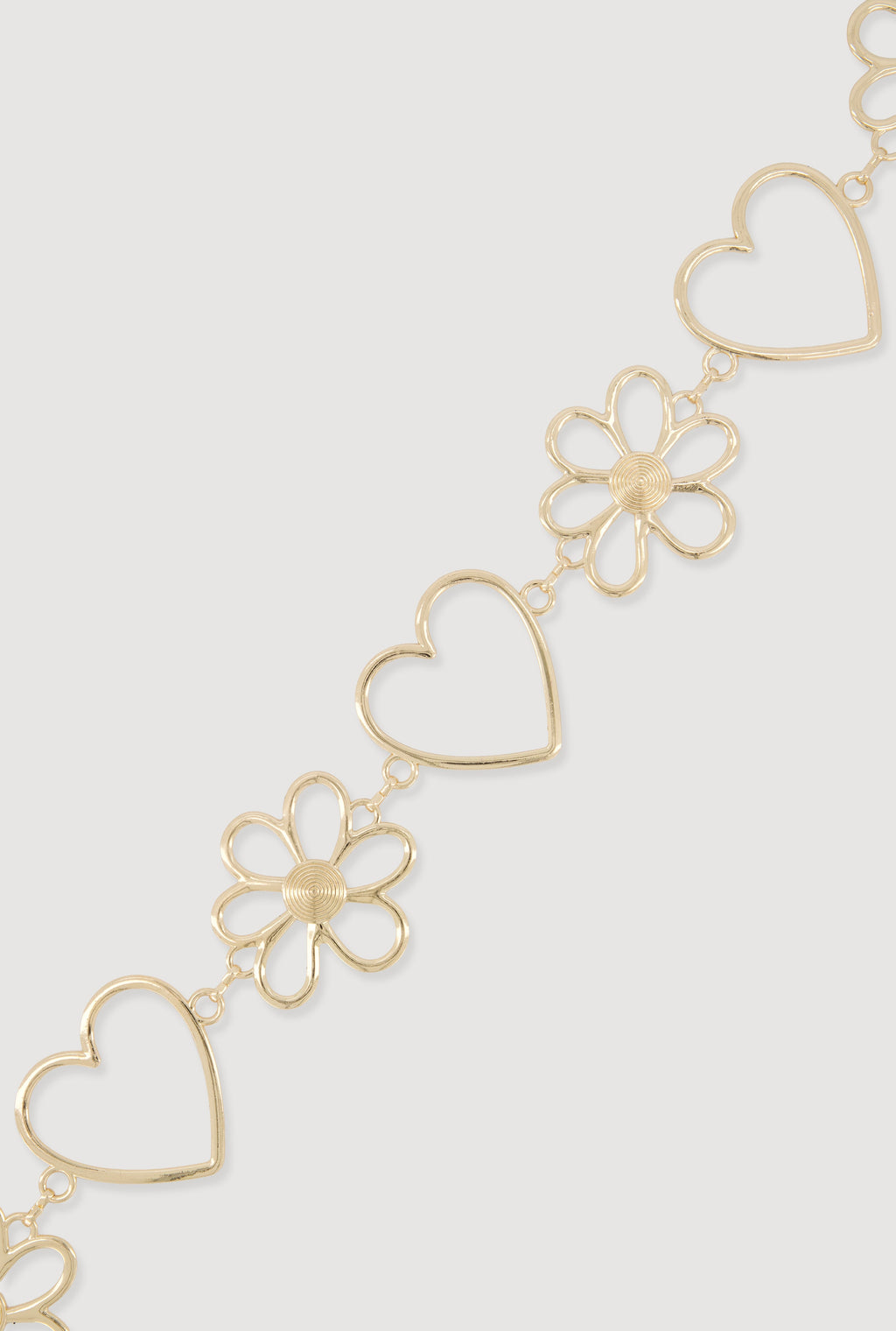 Metallic Flower and Heart Chain Belt