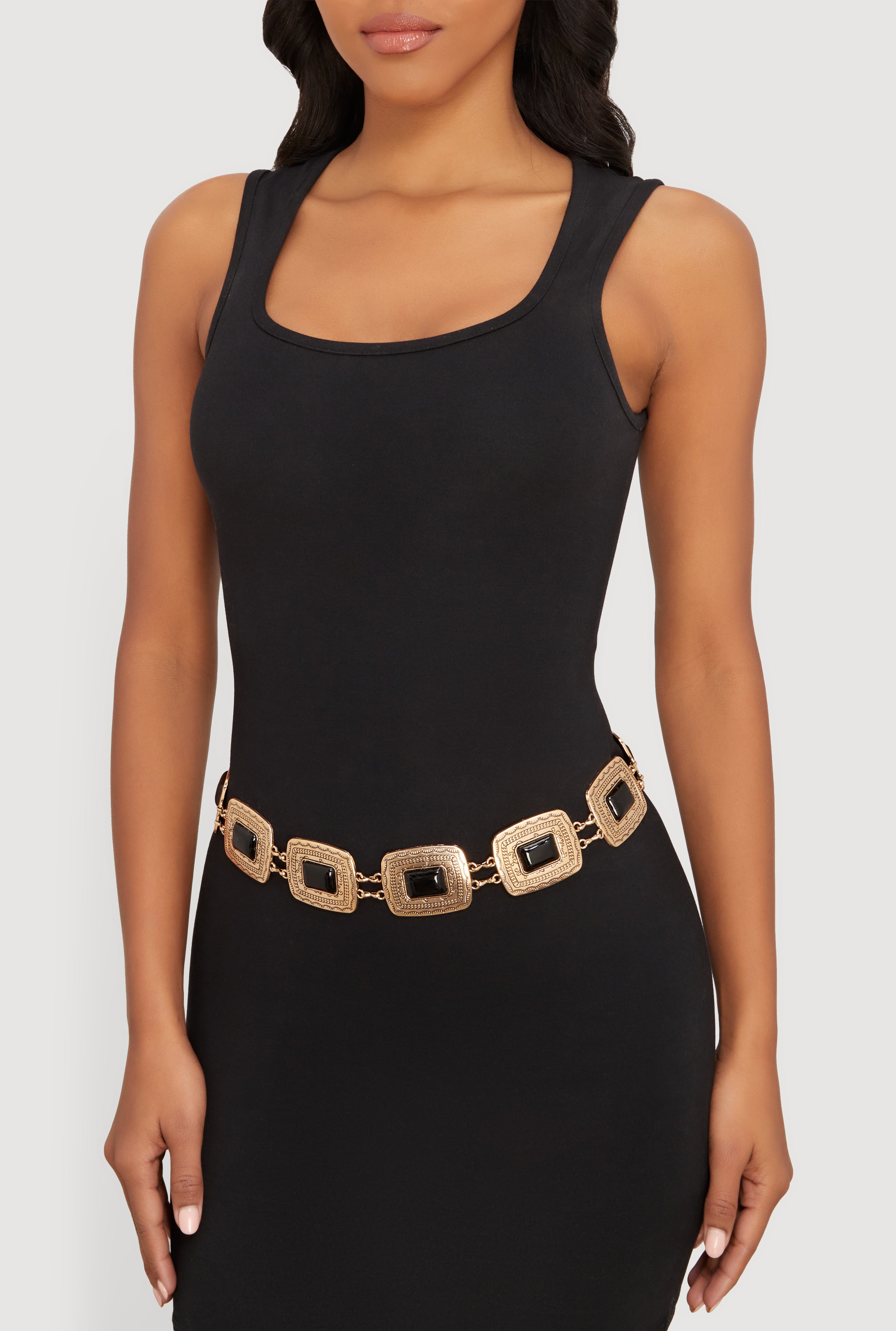 Metallic Trim Gemstone Square Chain Link Belt