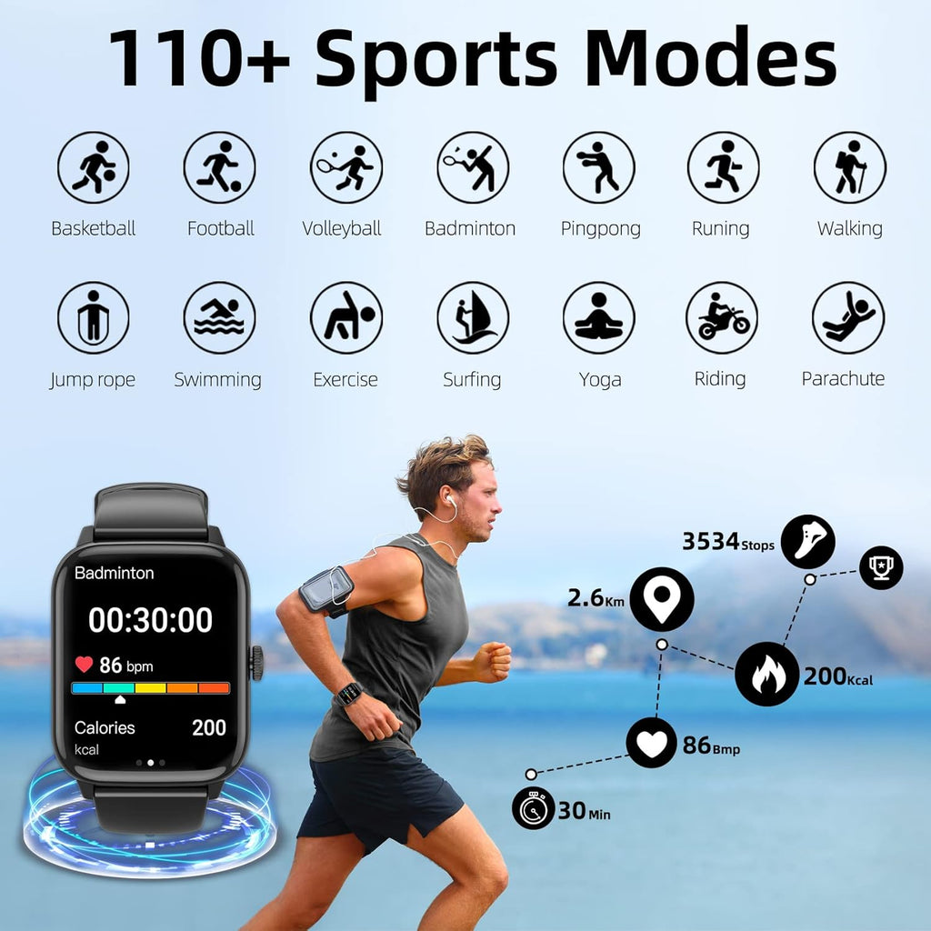 Smart Watch (Answer/Make Call), 1.96" Fitness Tracker Watch with Step Calorie Counter, 110+ Sports Modes IP67 Waterproof, Smartwatch for Men Women Bluetooth Watch Compatible with Android iPhone iOS