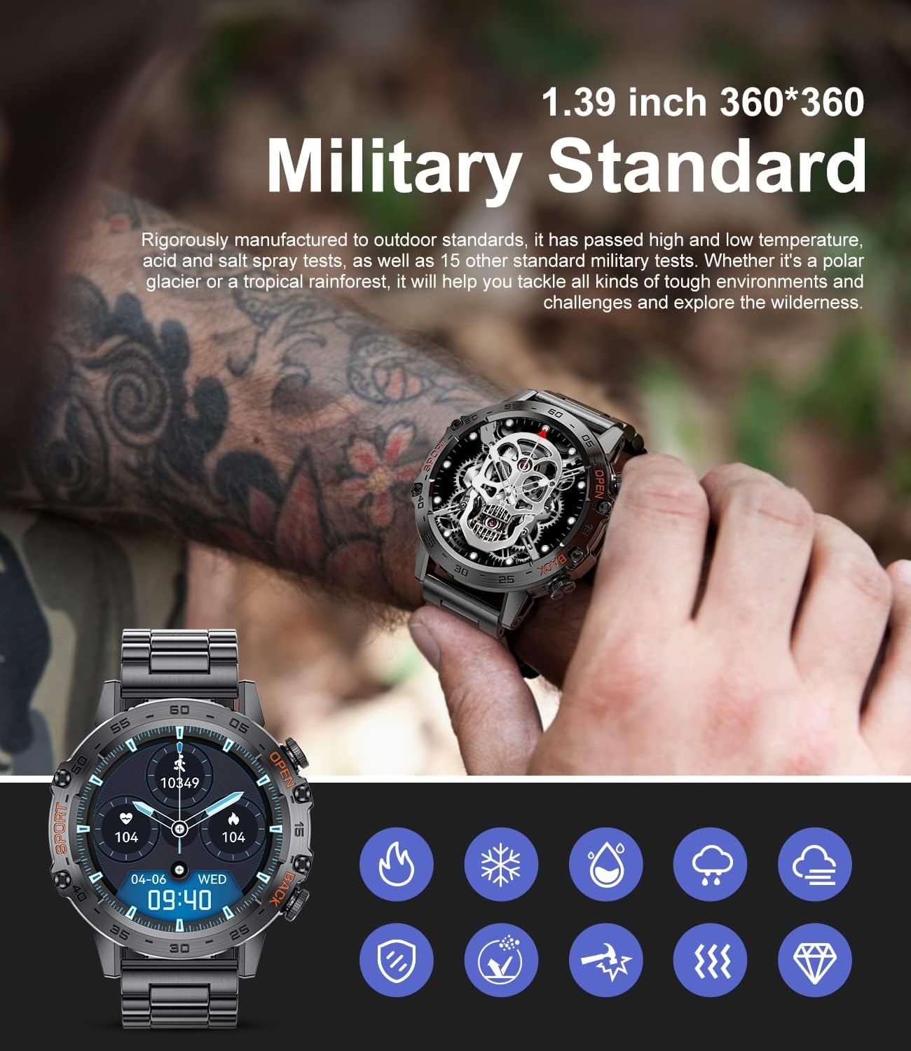 Military Smart Watch for Men(Answer/Dial Calls),100 Sports Modes, 5ATM Waterproof Fitness Watch with Heart Rate/SpO2/Blood Pressure for Android and iOS,1.39''HD DIY Screen Smartwatch Black