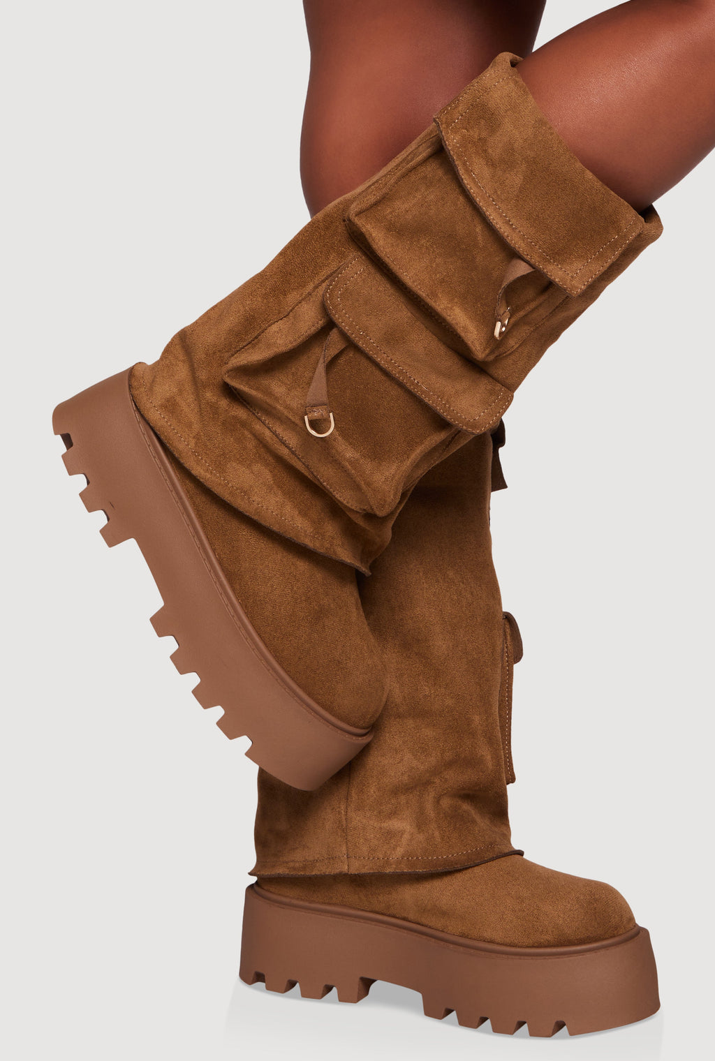 Faux Suede Cargo Pocket Lug Sole Slouch Boots