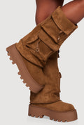 Faux Suede Cargo Pocket Lug Sole Slouch Boots