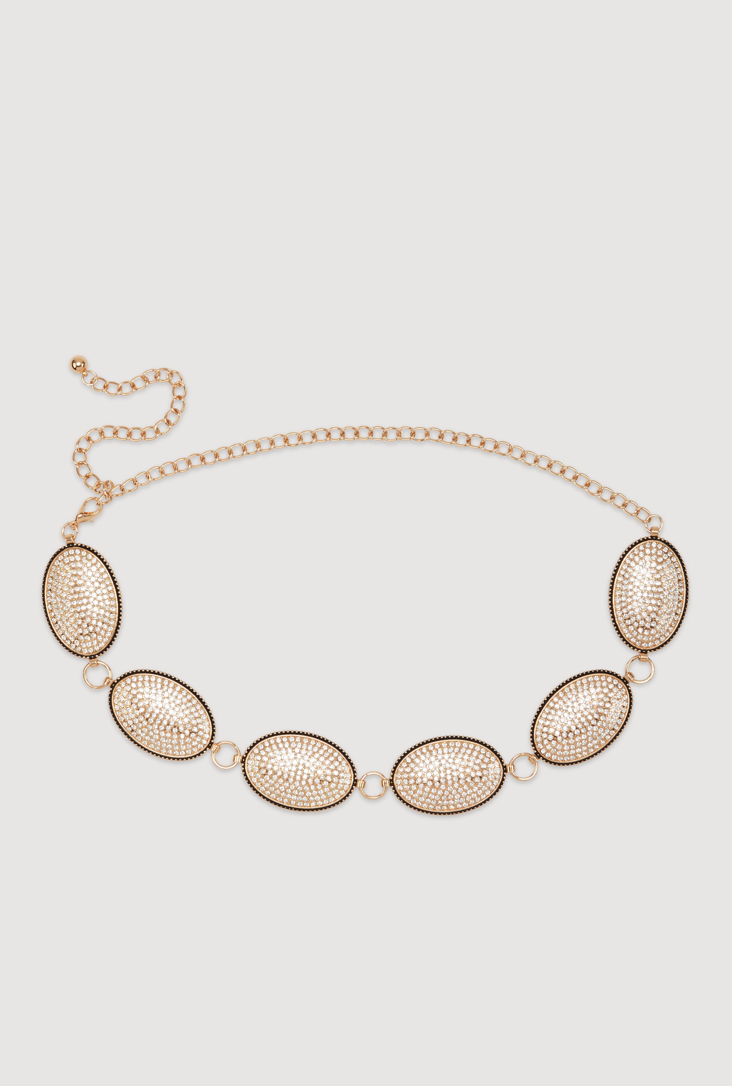 Metallic Rhinestone Studded Oval Chain Belt