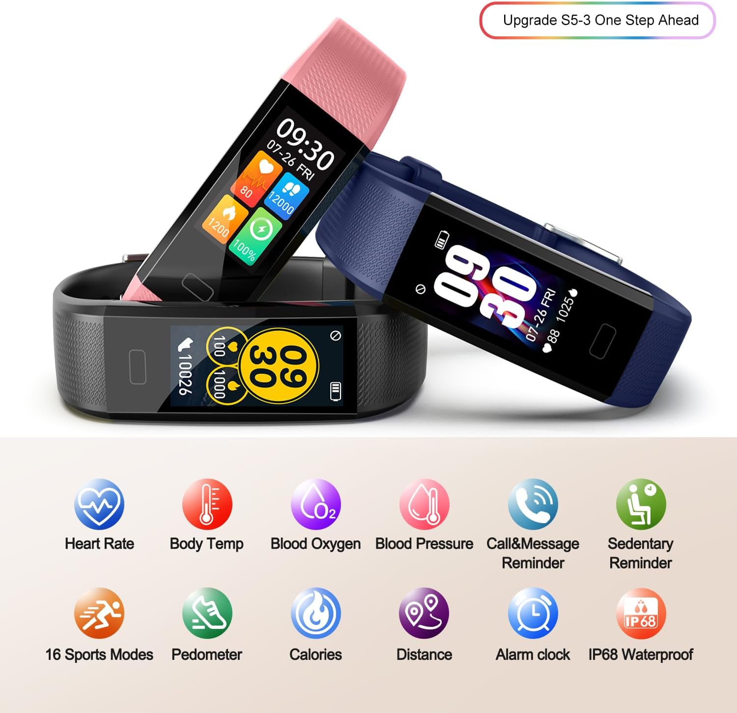 Fitness Tracker with Step Counter/Calories/Stopwatch, Activity Tracker with Heart Rate Monitor, IP68, Health Tracker with Sleep Tracker, Smartwatch, Pedometer Watch for Women Men Kids