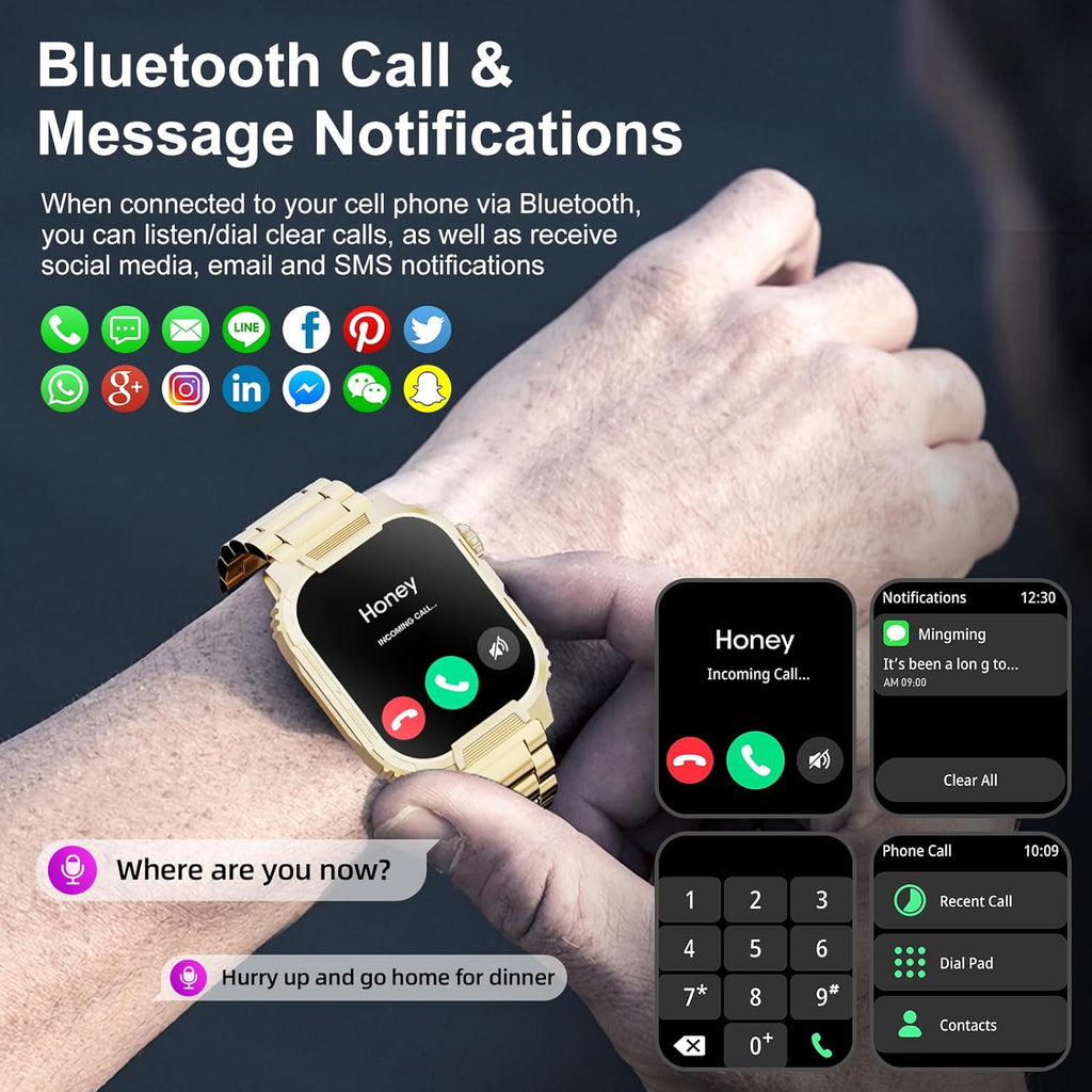 Smartwatch for Men Women(Answer/Make Calls),2.02" Military Fitness Watch with Heart Rate Blood Oxygen Sleep Monitor Pedometer,123+ Sports Modes,IP68 Waterproof,Smart Watch for Android iOS (Gold)