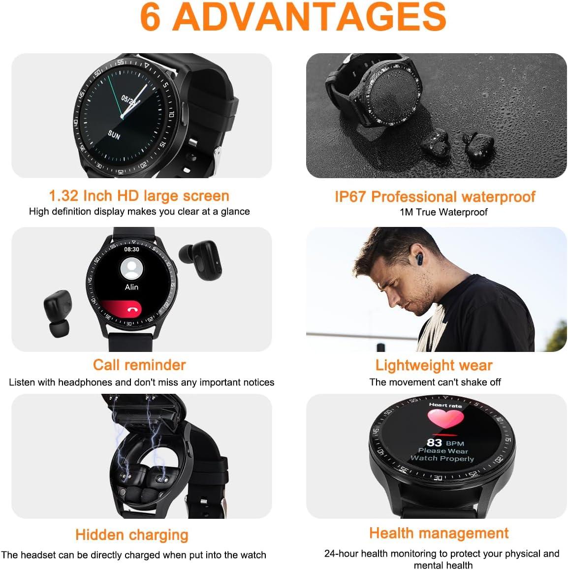 Smart Watch with Earbuds, 1.32 Inch Round Fitness Watch X7, 2 in 1 Bluetooth Watch with Step,Calories,Sleep Monitor,Heart Rate Blood Pressu-re Monitor for iOS & Android