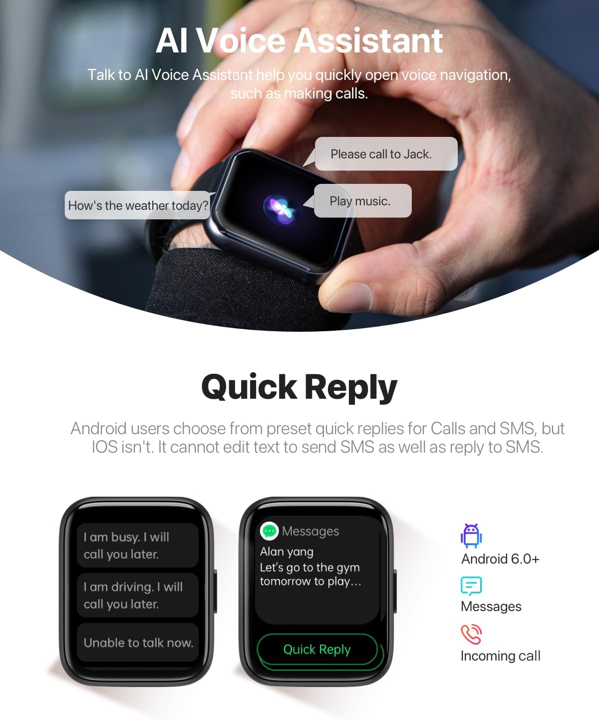 Smart Watch for Men Women - Answer/Make Calls/Quick Reply/AI Voice Assistant, 1.83" for Android iPhone Samsung Compatible IP68 Smartwatch Blood Oxygen Heart Rate Fitness Tracker (Black, 1.83")