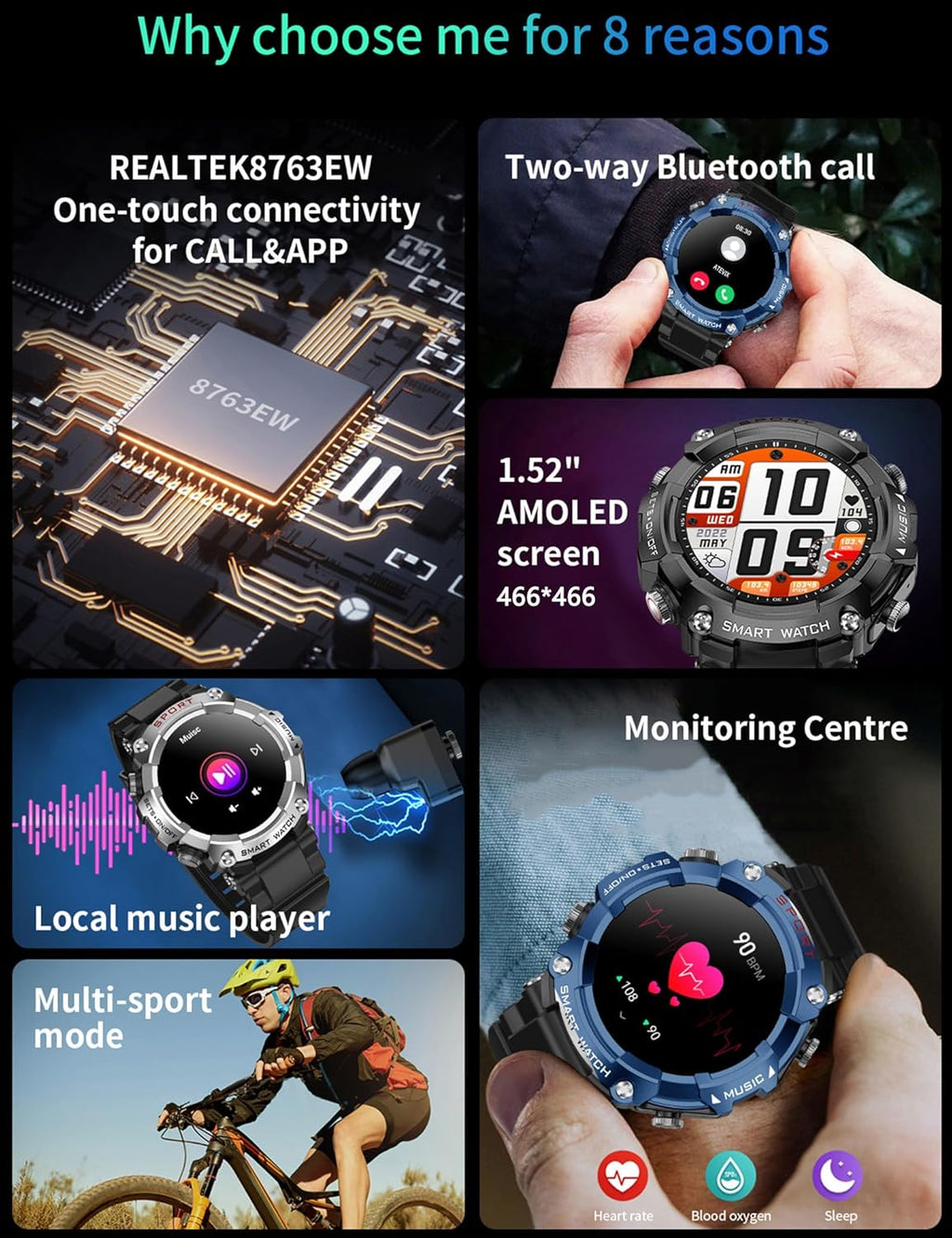 Smart Watch with Earbuds, 1.52" HD Screen Smartwatch for Men, Rugged Military Bluetooth Call Fitness Tracker,3 in 1 Bluetooth Watch with Local Music,Sleep Monitor,Heart Rate