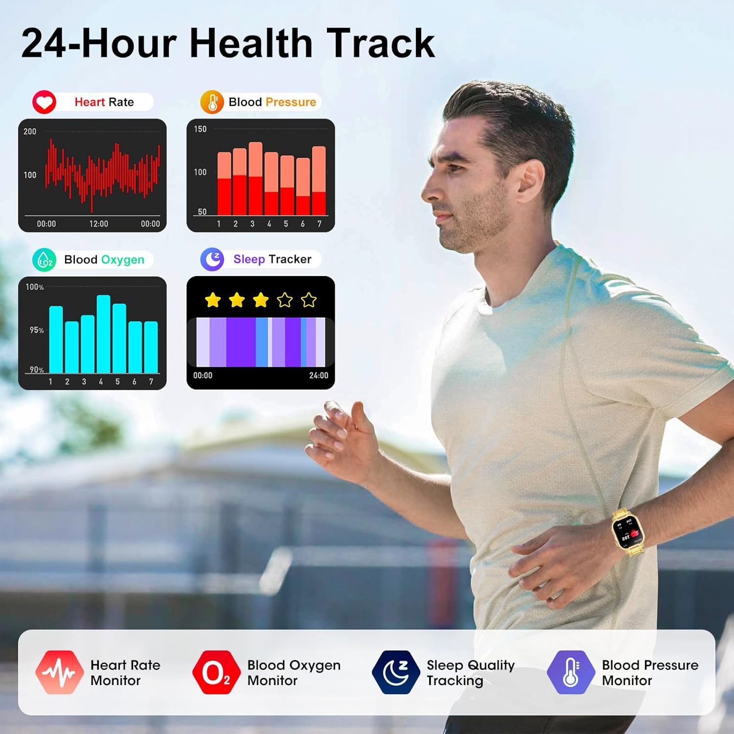 Smartwatch for Men Women(Answer/Make Calls),2.02" Military Fitness Watch with Heart Rate Blood Oxygen Sleep Monitor Pedometer,123+ Sports Modes,IP68 Waterproof,Smart Watch for Android iOS (Gold)