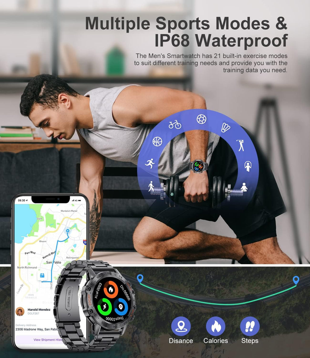 Military Smart Watch for Men(Answer/Dial Calls),100 Sports Modes, 5ATM Waterproof Fitness Watch with Heart Rate/SpO2/Blood Pressure for Android and iOS,1.39''HD DIY Screen Smartwatch Black