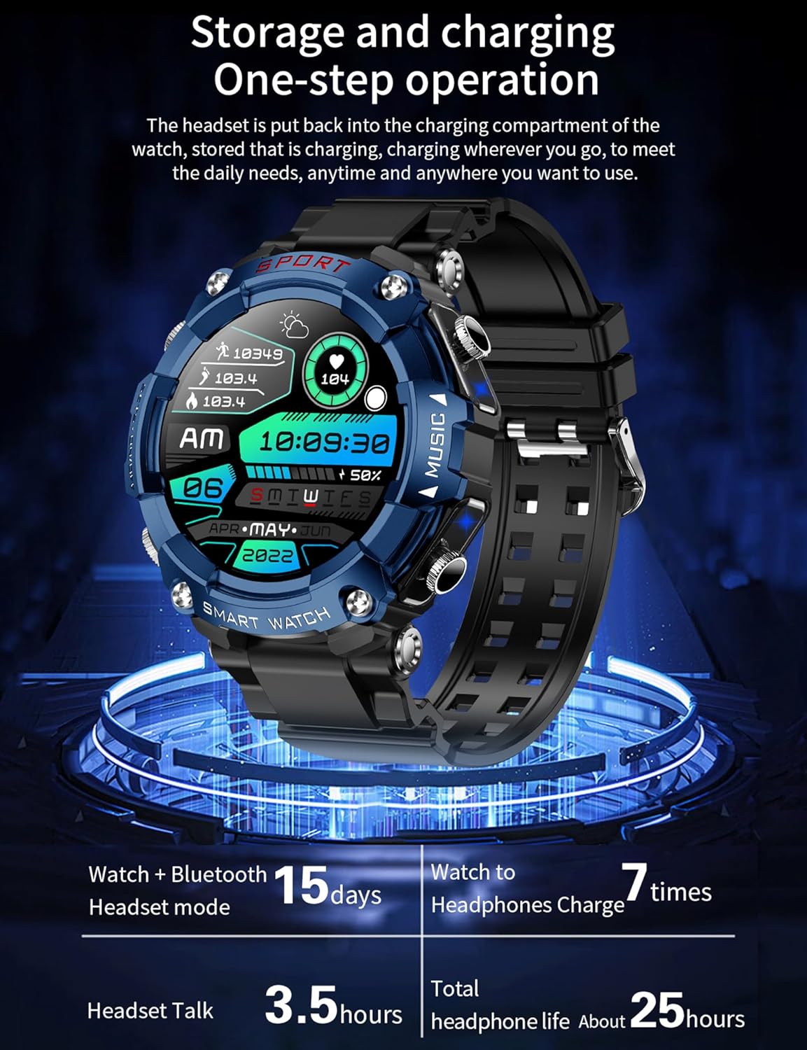 Smart Watch with Earbuds, 1.52" HD Screen Smartwatch for Men, Rugged Military Bluetooth Call Fitness Tracker,3 in 1 Bluetooth Watch with Local Music,Sleep Monitor,Heart Rate