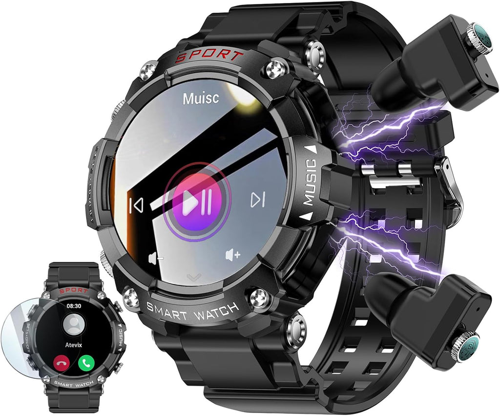 Smart Watch with Earbuds, 1.52" HD Screen Smartwatch for Men, Rugged Military Bluetooth Call Fitness Tracker,3 in 1 Bluetooth Watch with Local Music,Sleep Monitor,Heart Rate