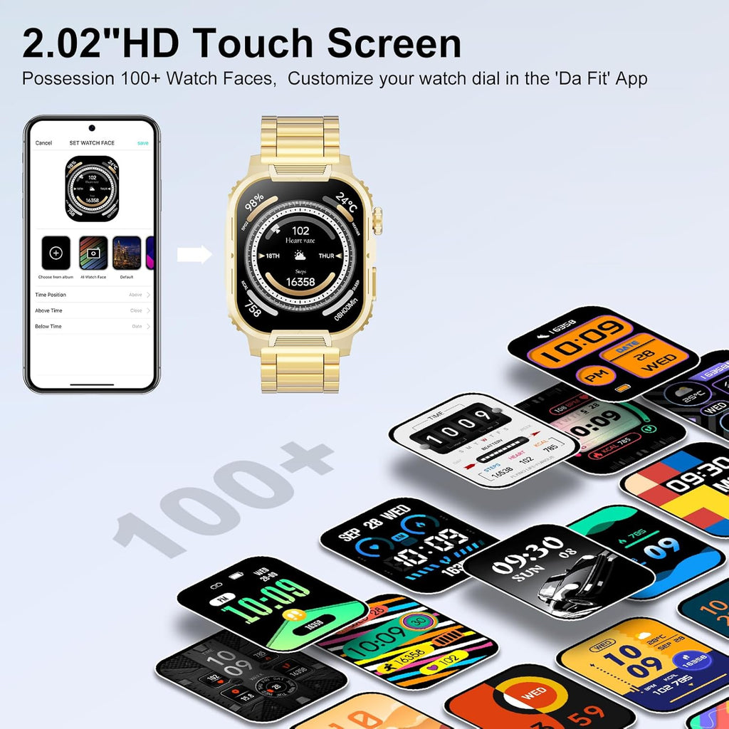 Smartwatch for Men Women(Answer/Make Calls),2.02" Military Fitness Watch with Heart Rate Blood Oxygen Sleep Monitor Pedometer,123+ Sports Modes,IP68 Waterproof,Smart Watch for Android iOS (Gold)