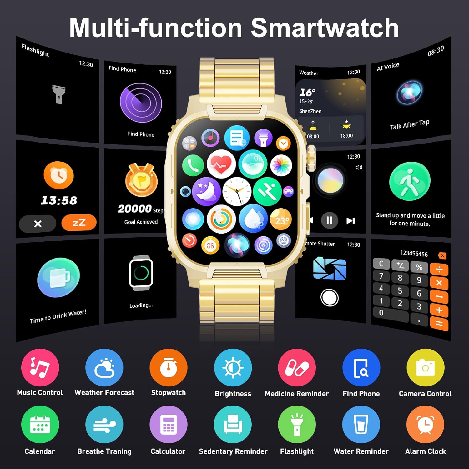 Smartwatch for Men Women(Answer/Make Calls),2.02" Military Fitness Watch with Heart Rate Blood Oxygen Sleep Monitor Pedometer,123+ Sports Modes,IP68 Waterproof,Smart Watch for Android iOS (Gold)