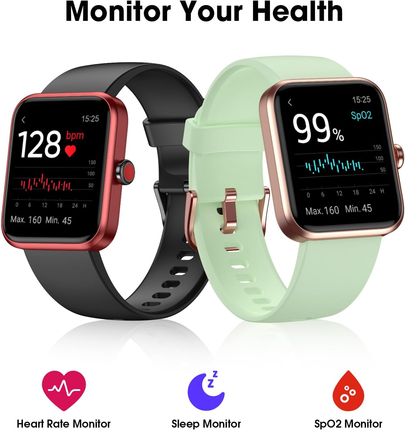 Smart Watch, Fitness Tracker with Touchscreen, Heart Rate Monitor, Blood Oxygen, Sleep Tracking Fitness Watch 5ATM Waterproof Smartwatch for Women Men Pedometer Step Calories for Android iOS