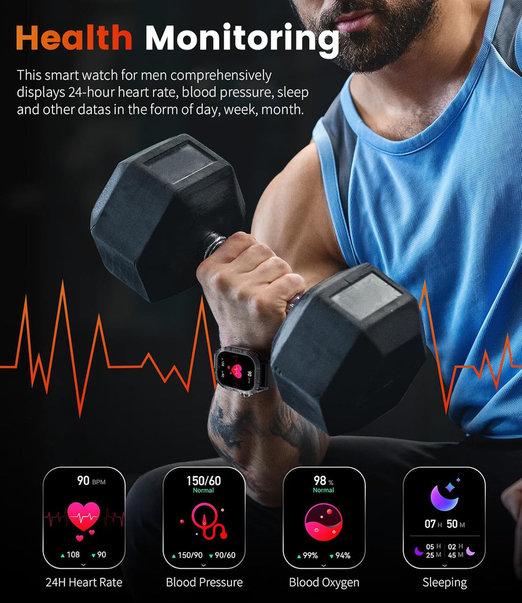 LIGE Military Smart Watch for Men(Call Receive/Dial) with 3 Straps,1.96"HD Big AMOLED Rugged Smartwatch for iPhone/Android Phone,Upgraded Fitness Tracker 5ATM Waterproof/Heart Rate/Sleep Monitor,Black