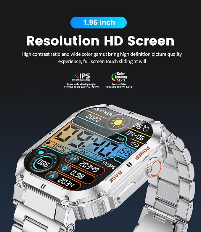 Military Smart Watches for Men, 1.96'' HD Fitness Watch with Heart Rate/Blood Oxygen Monitor, AI Voice, IP67 Waterproof 400mAh Battery Rugged Outdoor Smartwatch for Android iOS
