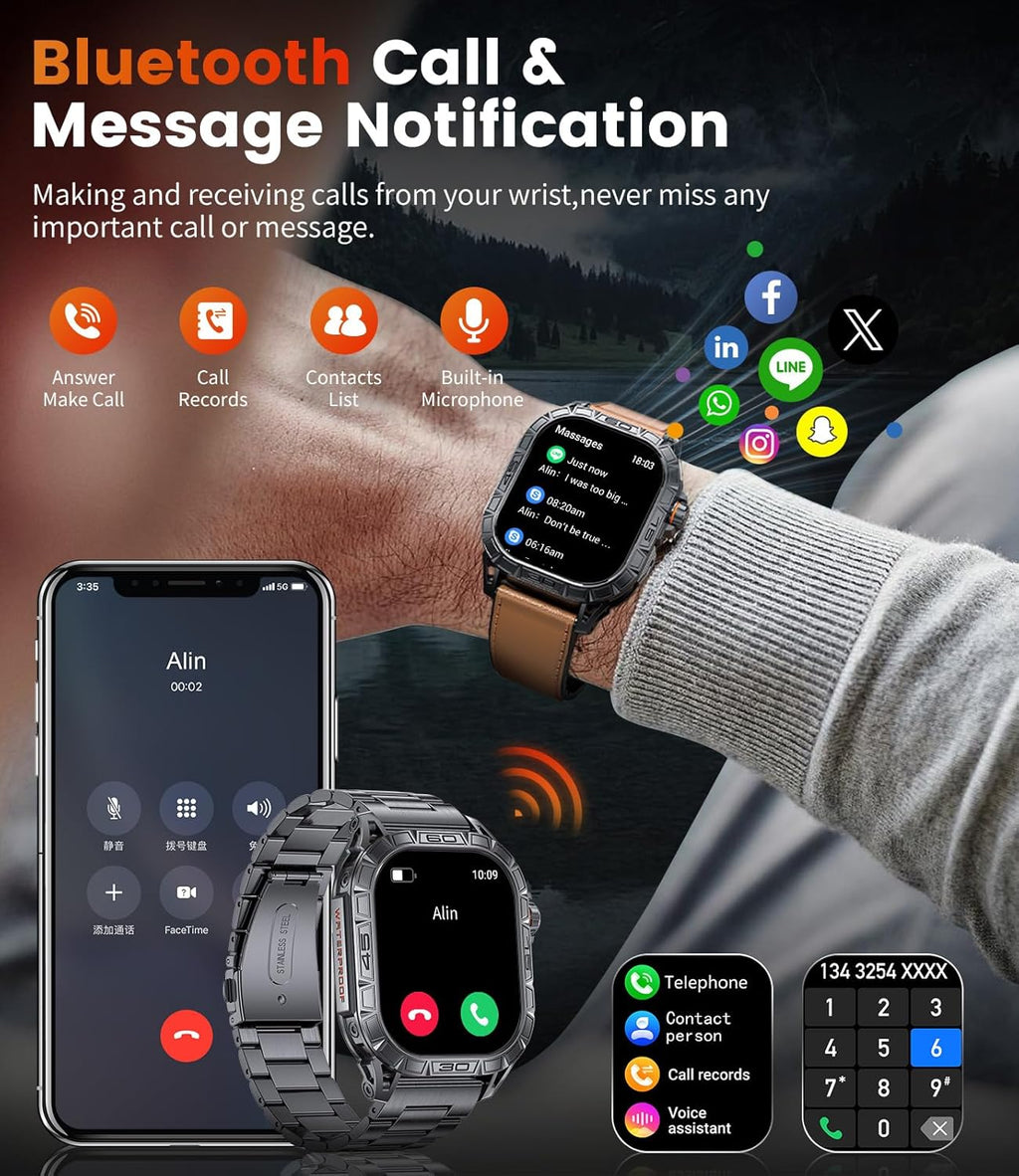 LIGE Military Smart Watch for Men(Call Receive/Dial) with 3 Straps,1.96"HD Big AMOLED Rugged Smartwatch for iPhone/Android Phone,Upgraded Fitness Tracker 5ATM Waterproof/Heart Rate/Sleep Monitor,Black
