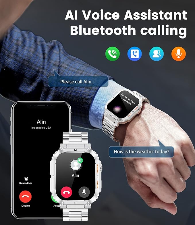 Military Smart Watches for Men, 1.96'' HD Fitness Watch with Heart Rate/Blood Oxygen Monitor, AI Voice, IP67 Waterproof 400mAh Battery Rugged Outdoor Smartwatch for Android iOS