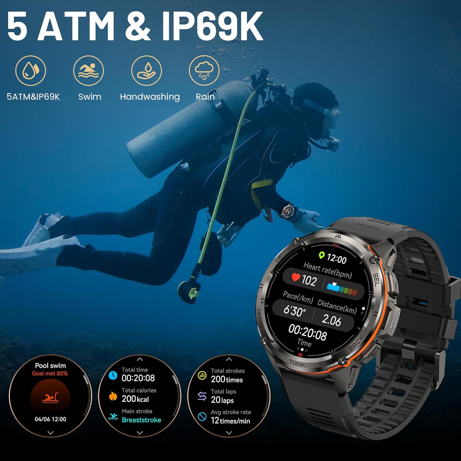 AMAZTIM GPS Smart Watch for Men, 6 Satellite Positioning, Compass, Stainless Steel Body, 50M Waterproof, 60 Days Extra-Long Battery, Answer/Make Call, 1.43" AMOLED Screen, Compatible for Android iOS