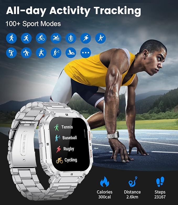 Military Smart Watches for Men, 1.96'' HD Fitness Watch with Heart Rate/Blood Oxygen Monitor, AI Voice, IP67 Waterproof 400mAh Battery Rugged Outdoor Smartwatch for Android iOS