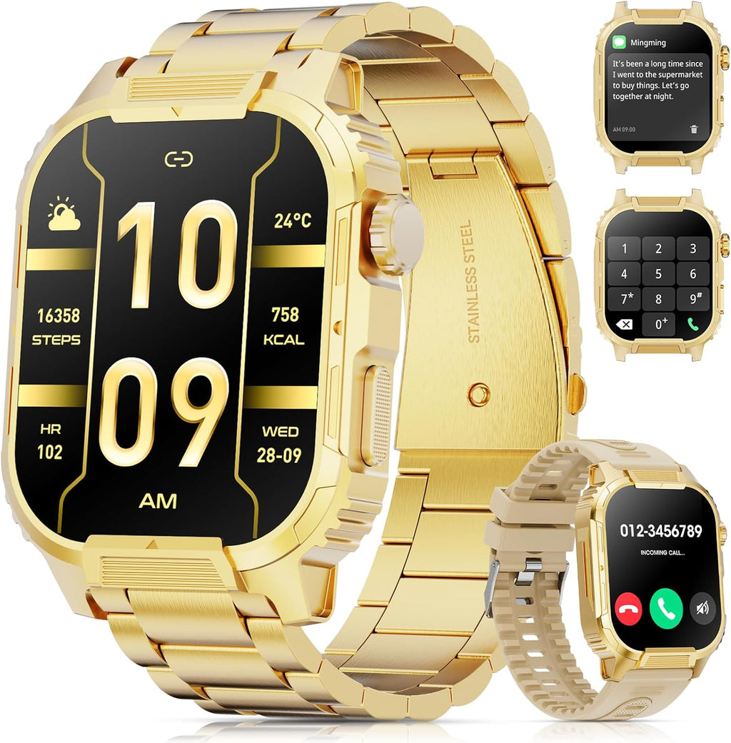 Smartwatch for Men Women(Answer/Make Calls),2.02" Military Fitness Watch with Heart Rate Blood Oxygen Sleep Monitor Pedometer,123+ Sports Modes,IP68 Waterproof,Smart Watch for Android iOS (Gold)