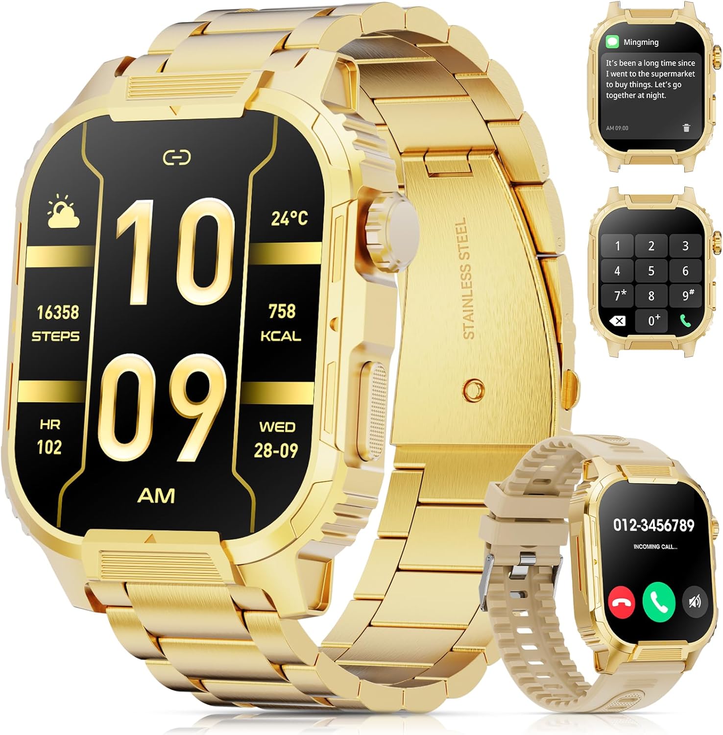 Smartwatch for Men Women(Answer/Make Calls),2.02" Military Fitness Watch with Heart Rate Blood Oxygen Sleep Monitor Pedometer,123+ Sports Modes,IP68 Waterproof,Smart Watch for Android iOS (Gold)
