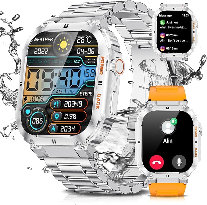 Military Smart Watches for Men, 1.96'' HD Fitness Watch with Heart Rate/Blood Oxygen Monitor, AI Voice, IP67 Waterproof 400mAh Battery Rugged Outdoor Smartwatch for Android iOS