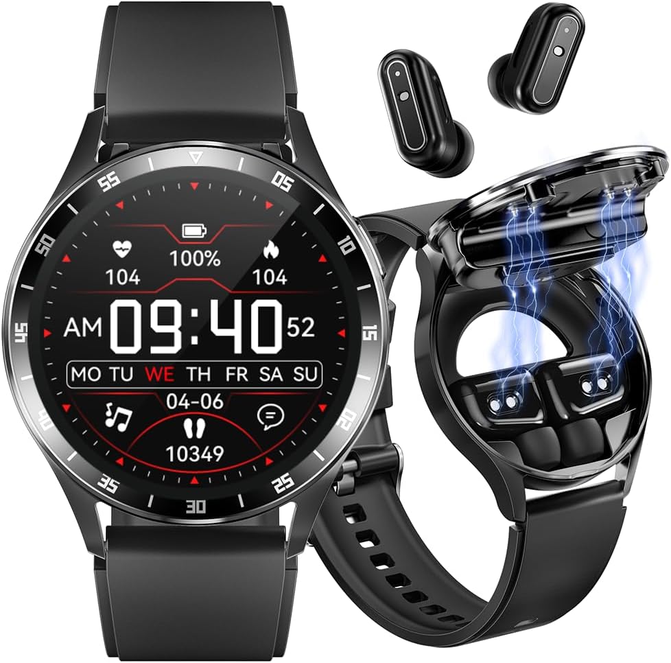 Smart Watch with Earbuds, 1.32 Inch Round Fitness Watch X7, 2 in 1 Bluetooth Watch with Step,Calories,Sleep Monitor,Heart Rate Blood Pressu-re Monitor for iOS & Android