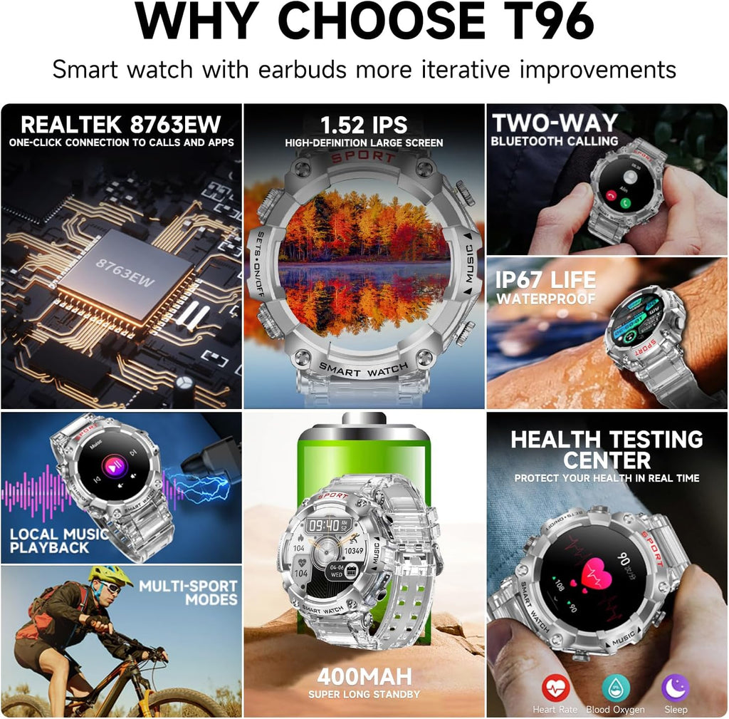 Smart Watch with Earbuds,1.52" HD Touch Screen Headset Sports Smartwatch with Earbuds for Man Women,Bluetooth Fitness Tracker Smartwatch,Answer, Dial Calls, Listen to Music