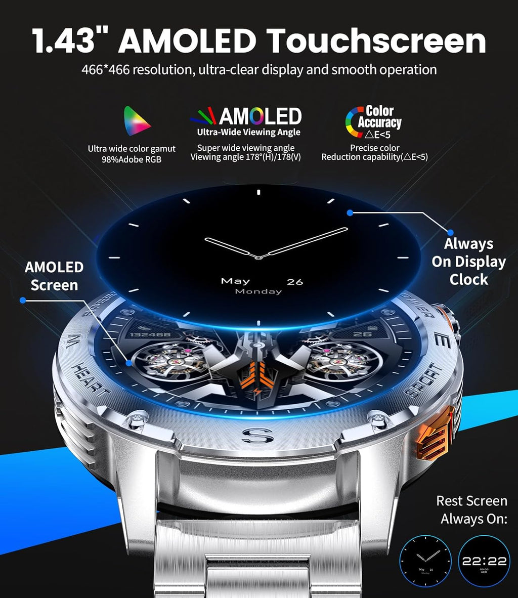 LIGE Smart Watches for Men (Answer/Make Call) , Fitness Tracker with 120+Sports Modes, Military Smart watch for iOS Android, 1.46"AMOLED Always-on Display 460mAh Large Capacity Battery/5ATM/Heart Rate